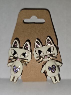 Betsy Johnson "Mini Critters" Cat Earrings with Purple Heart Accents